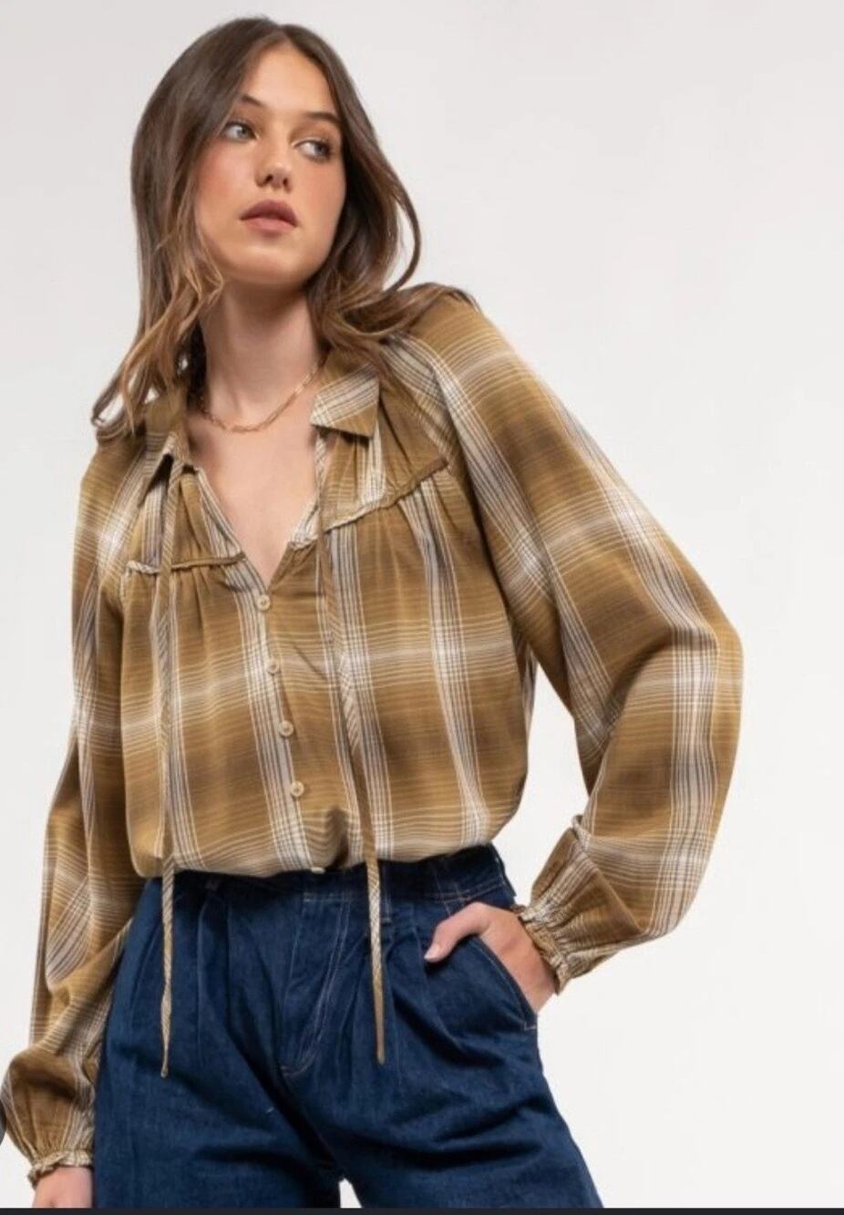 BLU PEPPER NWT Olive White Plaid Peasant Collared Blouse Size S